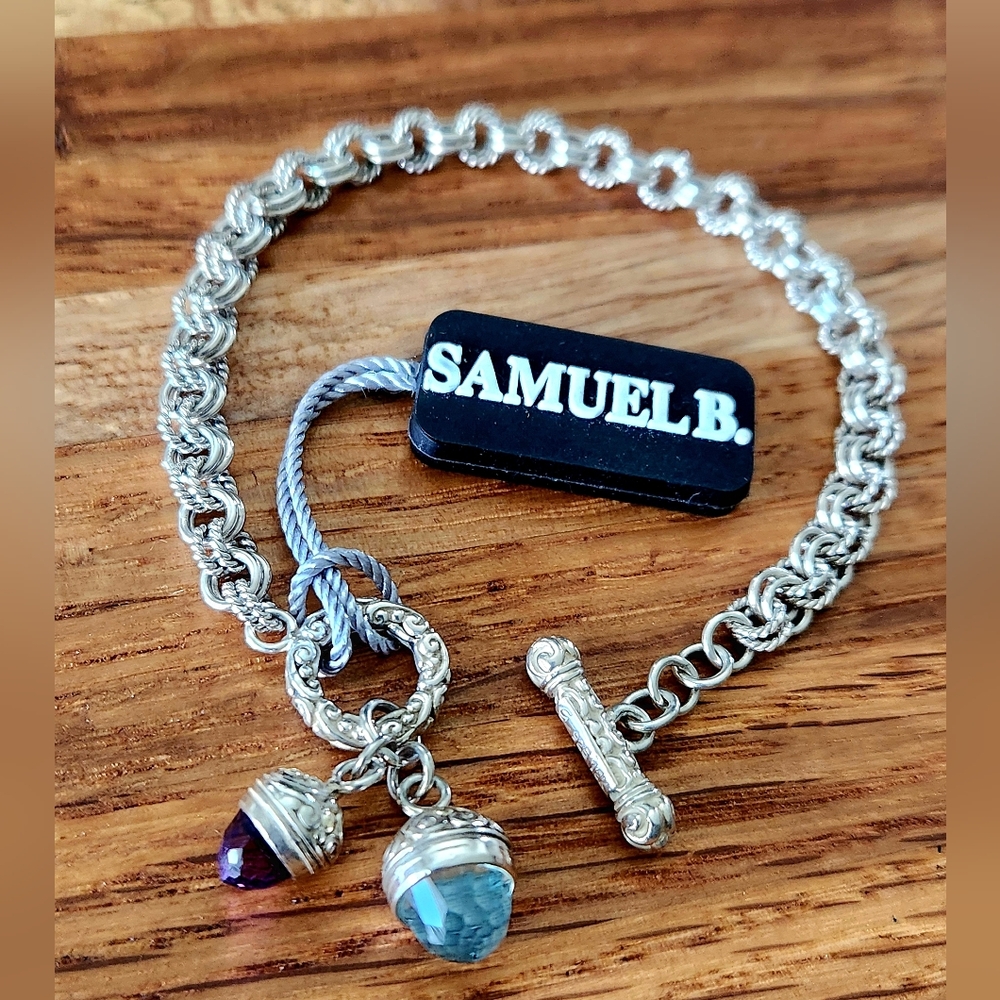 NEW! RARE SAMUEL B. 18K GOLD Sterling Silver Blue Topaz Amethyst Toggle Bracelet